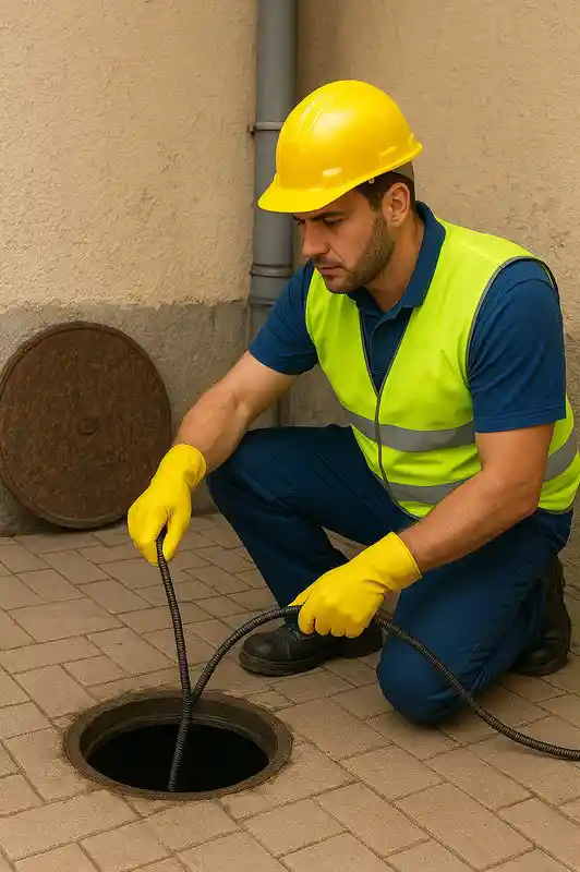 فني تسليك مجاري موثوق يتحقق من المعدات قبل البدء في العمل