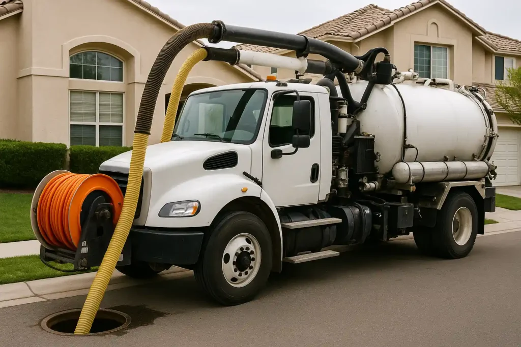 تسليك مجاري بالرياض باستخدام وايت شفط يقوم بسحب المياه من بيارة أمام منزل